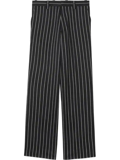 Shop Burberry Pinstriped Stretch Wool Wide-leg Tailored Trousers In Black ,white