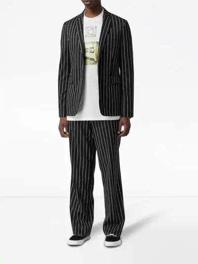 Shop Burberry Pinstriped Stretch Wool Wide-leg Tailored Trousers In Black ,white