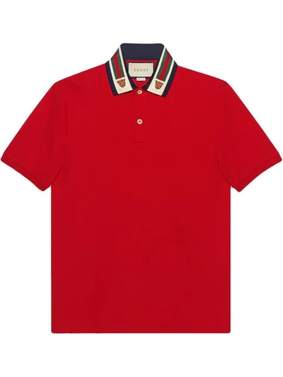 Shop Gucci Web And Feline Head Polo Shirt - Red