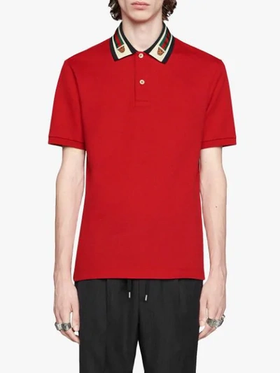 Shop Gucci Web And Feline Head Polo Shirt - Red