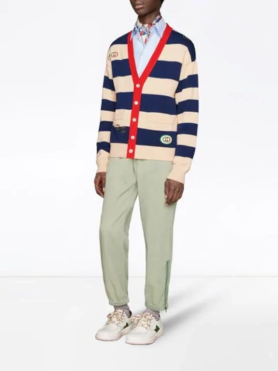 Shop Gucci Embroidered Striped Knit Cardigan In Blue ,white