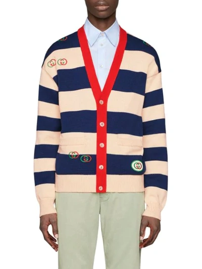 Shop Gucci Embroidered Striped Knit Cardigan In Blue ,white