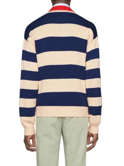 Shop Gucci Embroidered Striped Knit Cardigan In Blue ,white