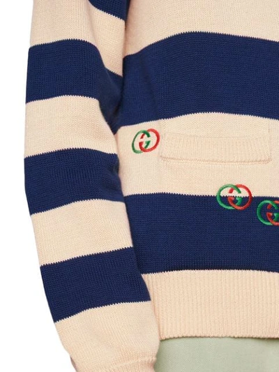 Shop Gucci Embroidered Striped Knit Cardigan In Blue ,white