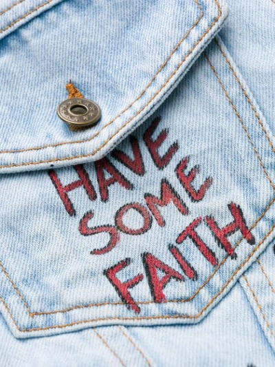 Shop Faith Connexion Distressed Printed Denim Jacket In Blue