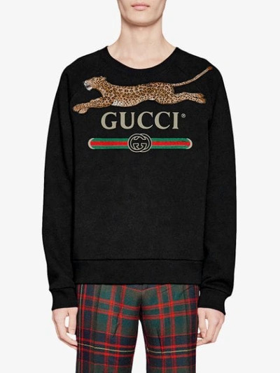 Shop Gucci Logo Sweatshirt With Leopard In Black