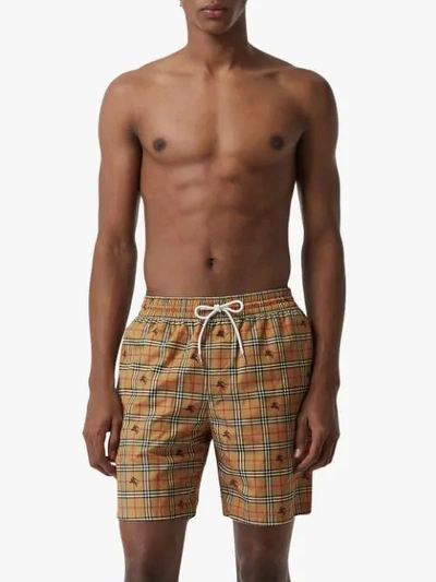 Shop Burberry Equestrian Knight Check Drawcord Swim Shorts In Neutrals