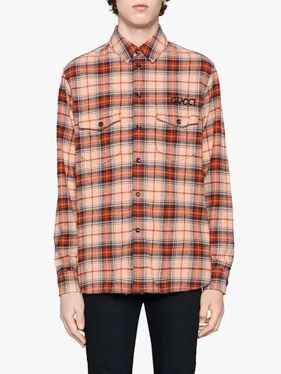 Shop Gucci Check Cotton Shirt With Paramount Logo In Neutrals ,red