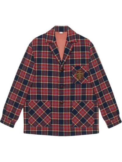 Shop Gucci Checkered Wool Jacket With Emblem In 4310 Rosso