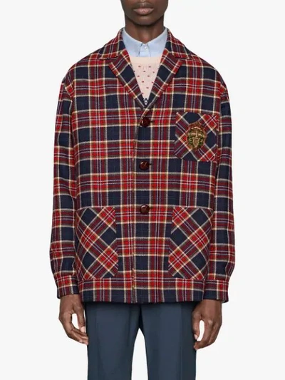 Shop Gucci Checkered Wool Jacket With Emblem In 4310 Rosso