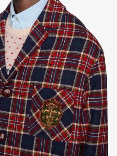 Shop Gucci Checkered Wool Jacket With Emblem In 4310 Rosso