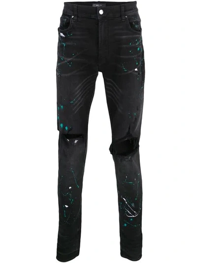 Shop Amiri Paint Splatter Slim-fit Jeans In Black ,green