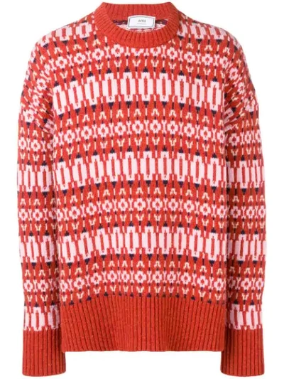Shop Ami Alexandre Mattiussi Crew Neck Sweater Nordic Jacquard Pattern In Orange