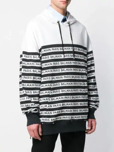 Shop Balmain Striped Logo Hoodie In White