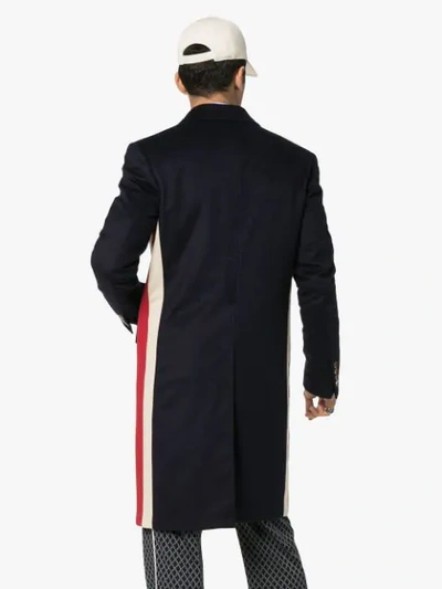 Shop Gucci Eco Cashmere Web Stripe Coat In Blue