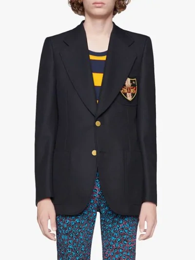 Shop Gucci Wool Jacket With Patches In Blue