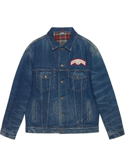 Shop Gucci Patch Detail Oversized Denim Jacket In Blue