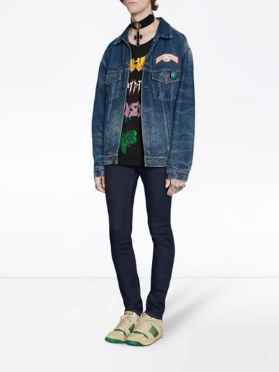 Shop Gucci Patch Detail Oversized Denim Jacket In Blue