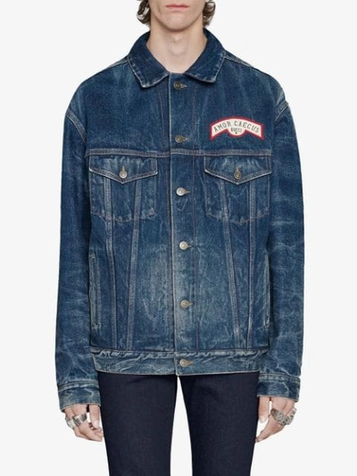 Shop Gucci Patch Detail Oversized Denim Jacket In Blue