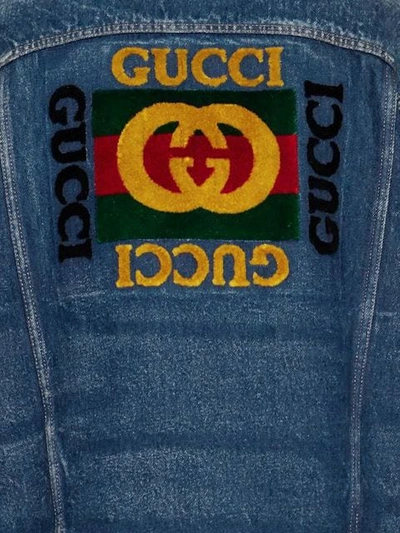 Shop Gucci Patch Detail Oversized Denim Jacket In Blue