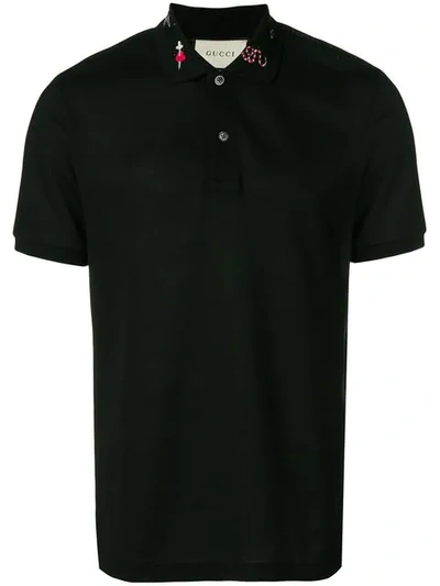 Shop Gucci Embroidered Piqué Polo Shirt In Black