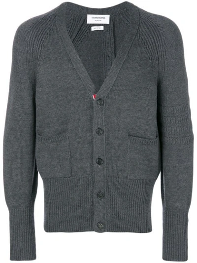 Shop Thom Browne Tonal 4-bar Stripe Button-back Merino Wool V-neck Cardigan - Grey