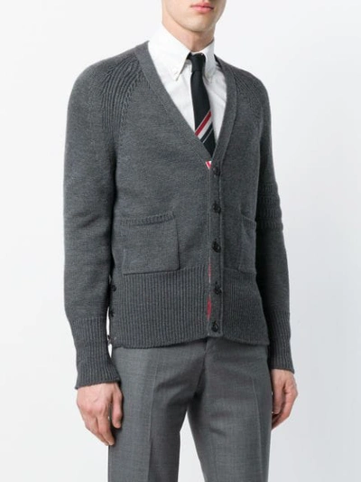Shop Thom Browne Tonal 4-bar Stripe Button-back Merino Wool V-neck Cardigan - Grey