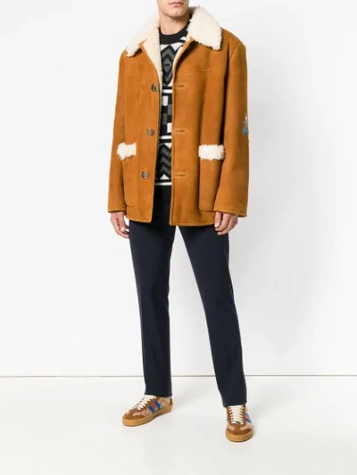 Shop Gucci Floral Embroidered Coat In Brown