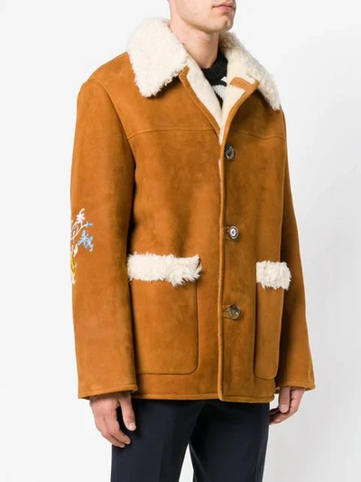 Shop Gucci Floral Embroidered Coat In Brown