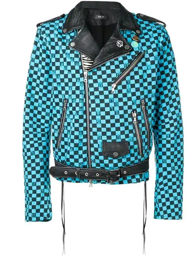 Shop Amiri Artist Checkered Denim Biker Jacket In Blue