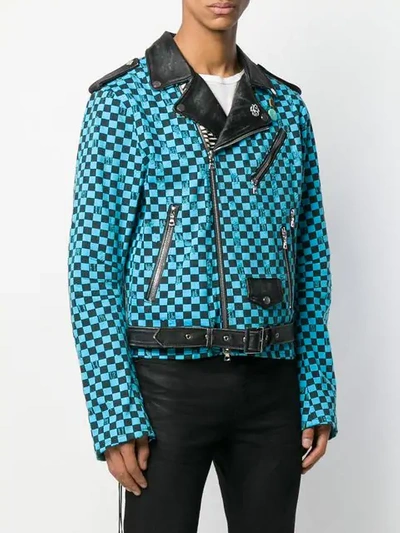 Shop Amiri Artist Checkered Denim Biker Jacket In Blue
