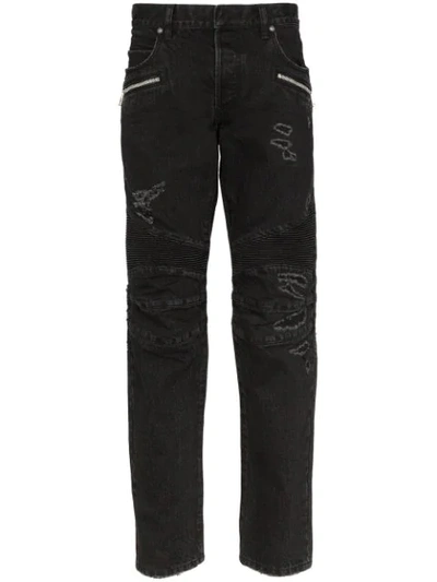 Shop Balmain Distressed Straight-leg Jeans In Black