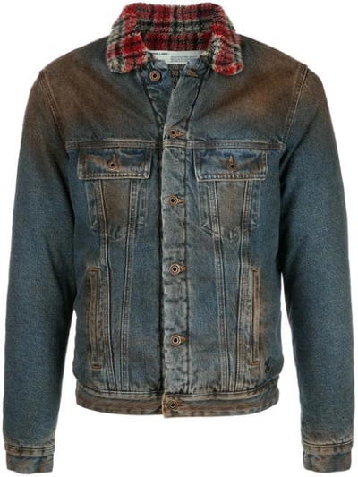 Shop Off-white Checked Collar Distressed-effect Denim Jacket In Blue