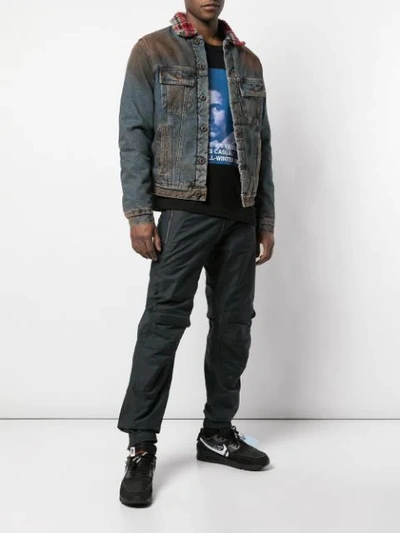 Shop Off-white Checked Collar Distressed-effect Denim Jacket In Blue