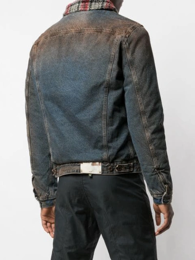 Shop Off-white Checked Collar Distressed-effect Denim Jacket In Blue