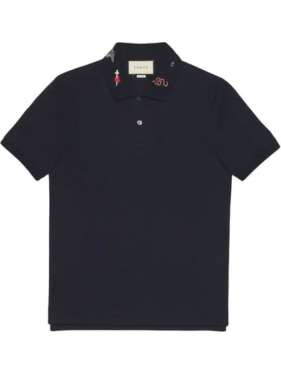 Shop Gucci Embroidered Cotton Polo In Blue