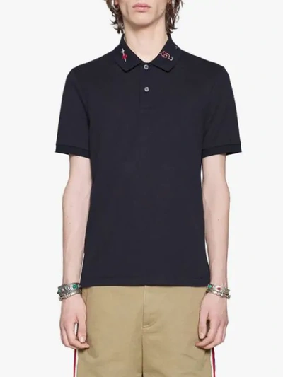 Shop Gucci Embroidered Cotton Polo In Blue