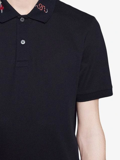 Shop Gucci Embroidered Cotton Polo In Blue