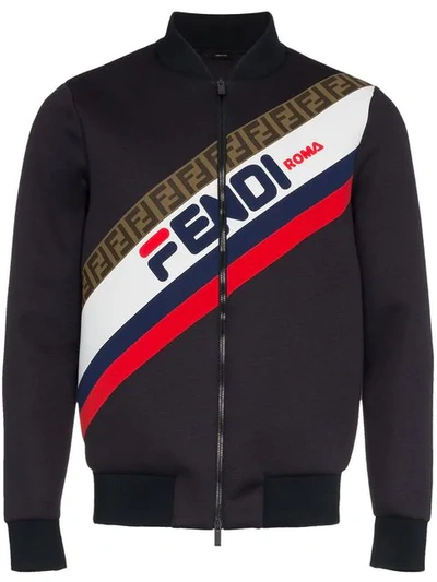 Shop Fendi Mania Logo Print Zip Bomber Jacket In F03lq Blu Notte