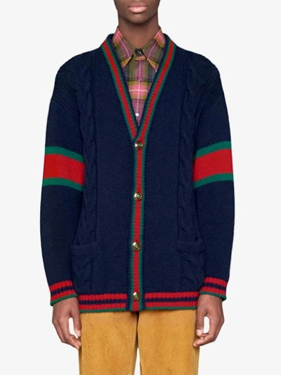 Shop Gucci Cable Knit Cardigan In Blue
