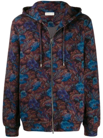 Shop Etro Floral Print Zipped Hoodie In Blue