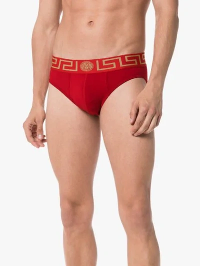 Shop Versace 3-pack Greca Border Briefs In 113 - Red