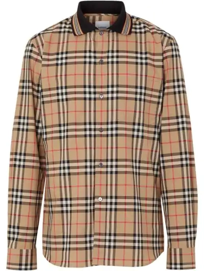 Shop Burberry Icon Stripe Detail Vintage Check Cotton Shirt In Neutrals