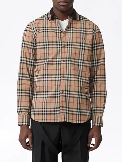 Shop Burberry Icon Stripe Detail Vintage Check Cotton Shirt In Neutrals