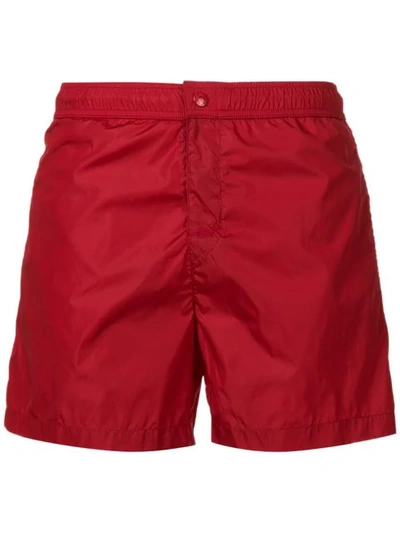 Shop Moncler Side Stripe Swim Shorts In Red