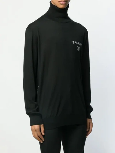 Shop Balmain Intarsia Logo Turtleneck Sweater In Black
