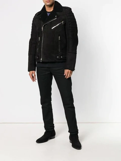 Shop Balmain Shearling Biker Jacket In Black