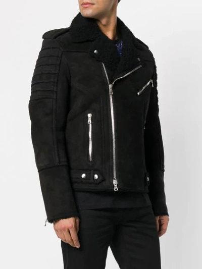 Shop Balmain Shearling Biker Jacket In Black