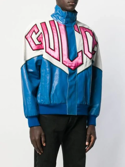 Shop Gucci Graphic Patchwork Bomber Jacket In Blue