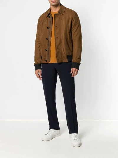 Shop Ermenegildo Zegna Front Button Leather Jacket - Brown